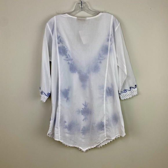Antigua White blue embroidered swim cover up or tunic top size L - Picture 4 of 11